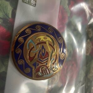 Vintage Round Colorful Enamel Brooch Pin,Bird Gold Blue Red Aztec Design Pendant